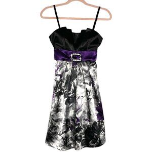 BCX Juniors Y2K Babydoll Party Dress Sz 3 Dark Floral Whimsigoth Event Cocktail